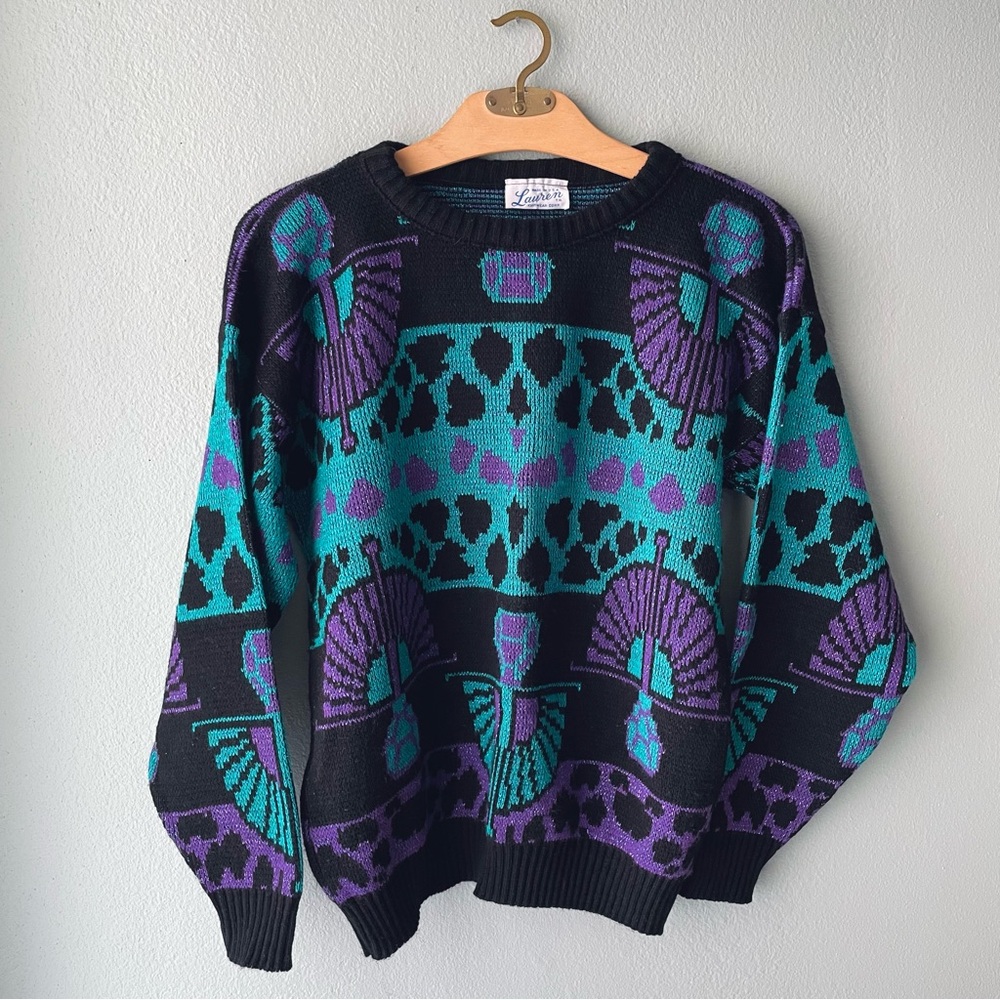 Lauren Knitwear | Vintage 80s Neon Turquoise Shimmer Knit Pullover Sweater